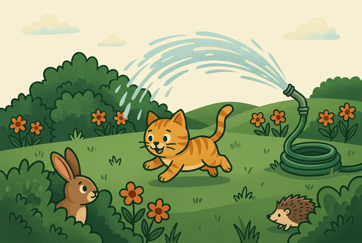 A cat, rabbit and hedgehog in a garden protected by a gentle water sprayer