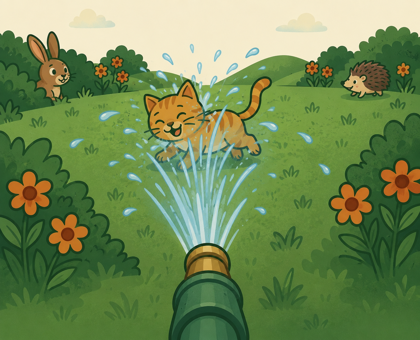 A friendly garden scene with a cat, rabbit and hedgehog